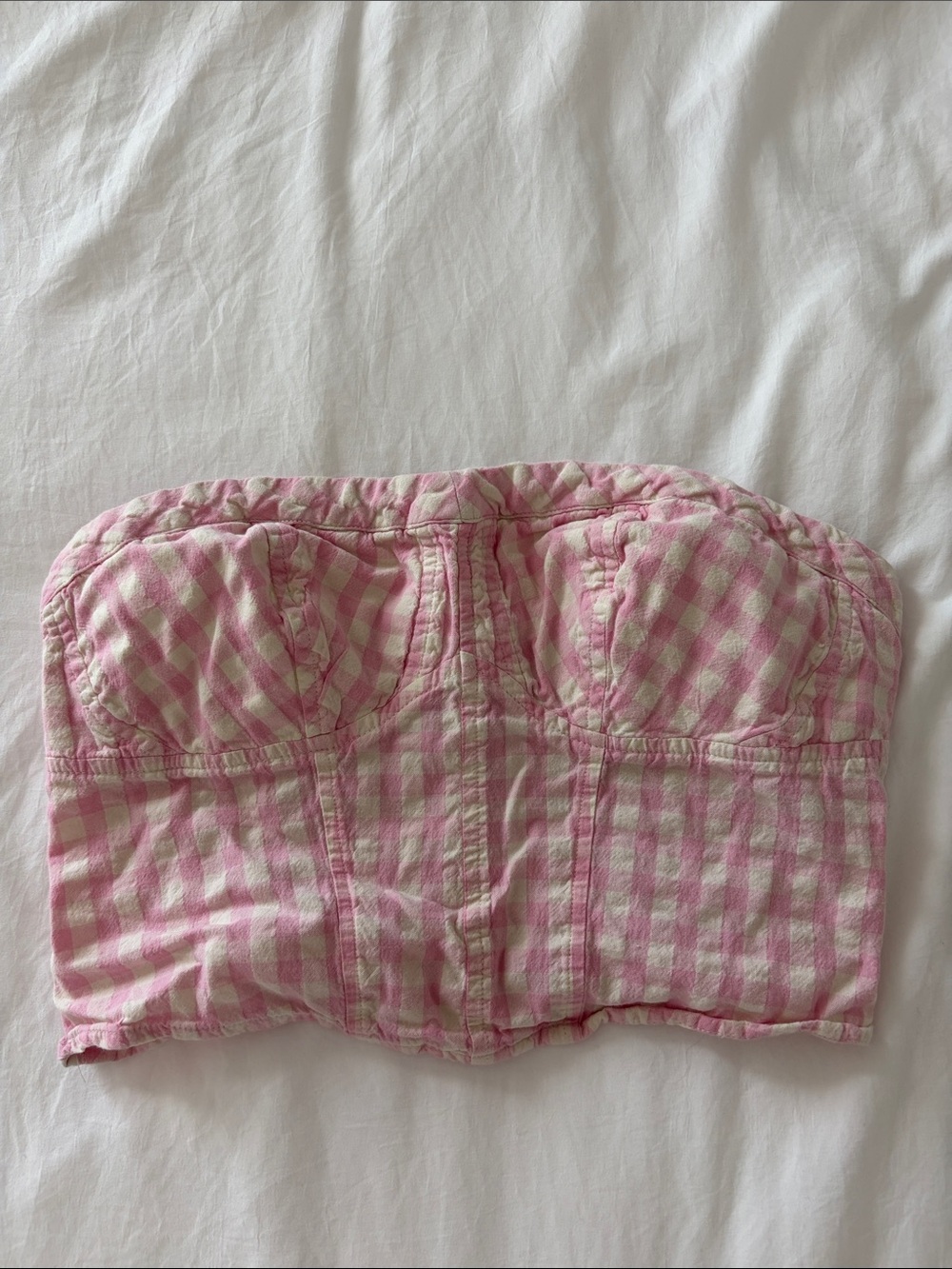 Free People Pink Gingham Strapless Bustier Crop Top
